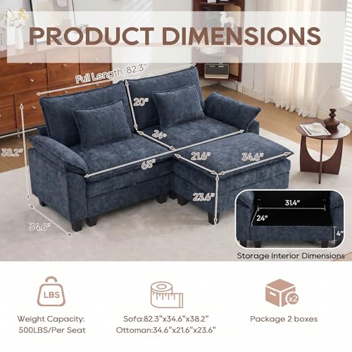 Image of IPKIG 82.3 inch Modular Cloud Couch with Storage, L Shaped Sectional Sofa with Ottoman & Pillow, Chenille Deep Seat Sectional Couches for Living Room, Apartment, Blue