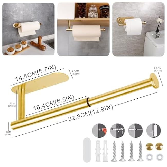 Paper Towel Holder with Pre-drilled Holes or Adhesive Strips - 304 Stainless Steel - Mount Under Cabinet or on Wall, Perfect for Kitchen - Bathroom, Adjustable Length (Gold)