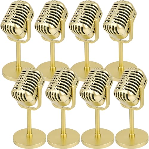 Flahard 8 Pcs Microphone Props Model Retro Vintage Microphone Prop with Stand Fake Microphone Pretend Mic Centerpiece for Hip Hop Cosplay Music Party Decorations (Gold)