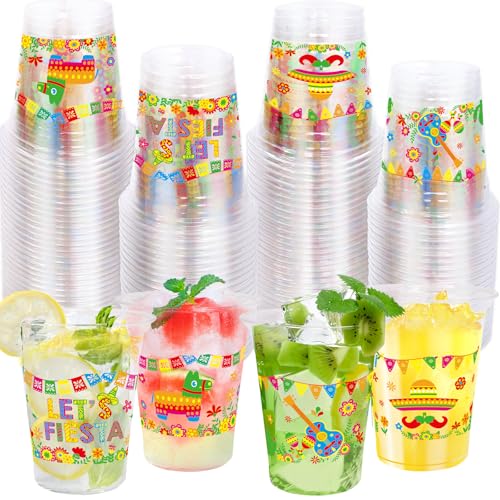 WorldBazaar 100 Pack Fiesta Plastic Cups 12oz Cinco De Mayo Disposable Party Cups for Mexican Taco Birthday Summer BBQ Party Decorations