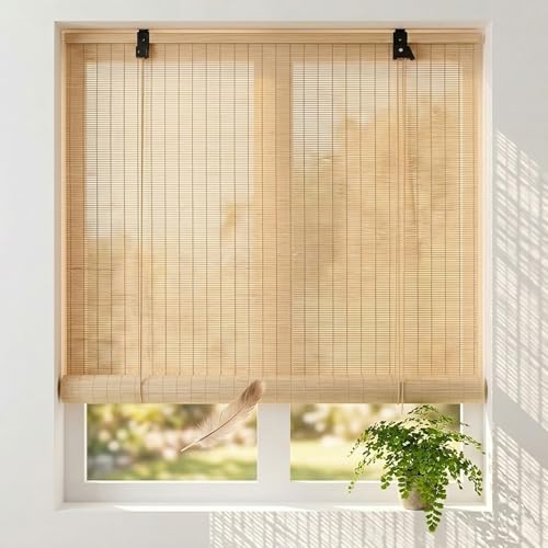 Bamboo Blinds for Indoor Windows, Light Filtering Bamboo Roll Up Shades for Outdoor Patio, 24" 36" 48" 60" 72", Bamboo Roman Shades for Porch, Natural Bamboo Privacy Screen(Natural White,64" W48 H)