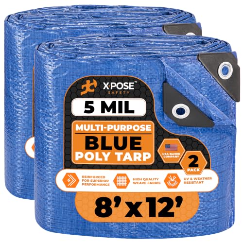 Image of Better Blue Poly Tarp 8' x 12' (2-Pack) - Multipurpose Protective Cover - Lightweight, Durable, Waterproof, Weather Proof - 5 Mil Thick Polyethylene - by Xpose Safety