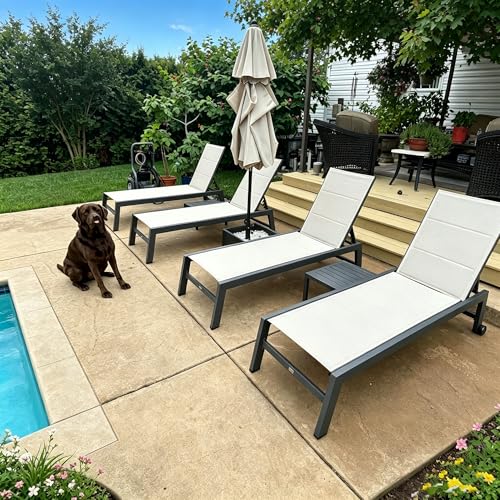 Image of PURPLE LEAF Patio Chaise Lounge Set of 2 with Sponge, Easy Move, Beige | Double-layer Textilene with Sponge, Rustproof Aluminum Frame, 5-Position Reclining Back, Side Table Include, for Pool Use