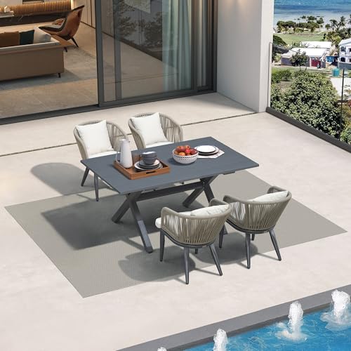 Image of PURPLE LEAF 5 Pieces Patio Dining Set Wicker Outdoor Furniture Rectangular Table and Chairs Set for Garden Deck Aluminum Frame Backyard Kitchen Set, Cushions and Pillows Included Taupe
