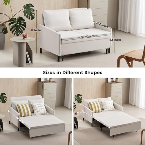 Image of 3-in-1 Convertible Sleeper Sofa, Loveseat Sofa Couch with Pullout Bed and Storage for Living Room, Bedroom, Balcony, RV, Linen, White