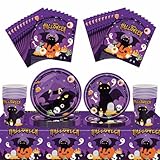 69pcs Halloween Party Tableware Plastic Table Cloth,7inch 9inch Paper Plates Napkins and Cups, Ghost Trick or Treat purple Dinnerware Kit for Halloween Party Table Decorations