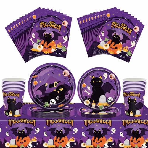 69pcs Halloween Party Tableware Plastic Table Cloth,7inch 9inch Paper Plates Napkins and Cups, Ghost Trick or Treat purple Dinnerware Kit for Halloween Party Table Decorations
