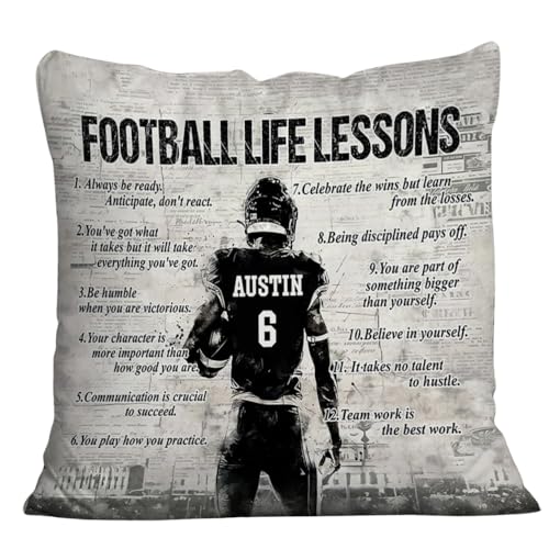 84WONDER Personalized Football Life Lessons Pillow, Gift for American Football Lovers, Personalized Motivational Football Pillows, Inspirational Quotes Pillows Custom Name, Football-Themed Room Decor