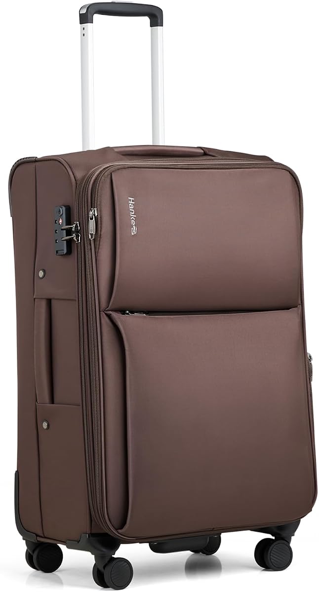 Hanke Medium Checked Luggage, 24 Inch Suitcase with Garment Compartment | 360° Silent Spinner Wheels, Expandable, Water-Resistant, TSA Lock, Fits 15.6-Inch Laptop, Softside, Business Travel, Coffee
