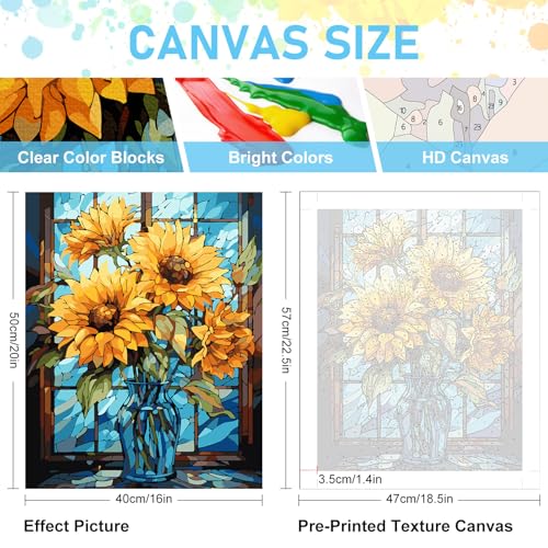 Offito Paint by Numbers Kit for Adults- Stained Glass Sunflowers Adult Paint by Number Kits on Canvas for Beginners, Sunflowers DIY Acrylic Oil Number Painting Kits for Home Wall Decor Gift 16"x 20" - Thumbnail 3