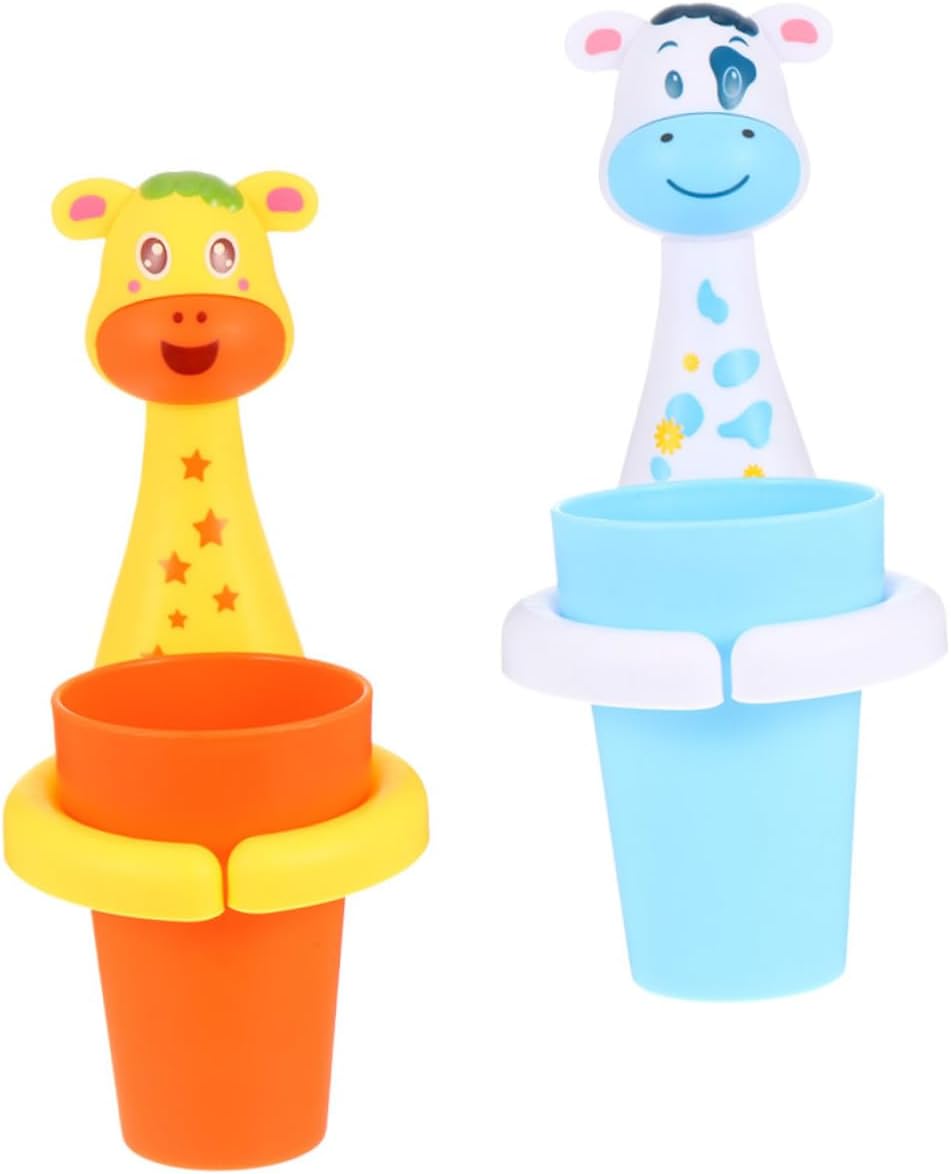 2Sets Cartoon Animal Toothbrush Holder and Cup for Bathroom Self Adhesive Wall Mounted Storage Rack Easy Installation Space Saving Design Cute Zebra Deer Characters