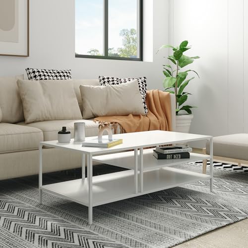 [en.casa] Tavolino da Salotto Tavolino Basso in Metallo Forma Rettangolare Tavolino da Caffè Moderno Decorativo con Ripiani 40 x 110 x 55 cm - Bianco