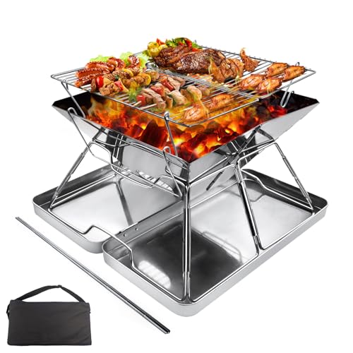Hanviter Hoguera portátil para acampar: parrilla plegable de acero inoxidable con caja de transporte de hierro, estufa de camping para picnic, barbacoa, hoguera, patio, jardín al aire libre