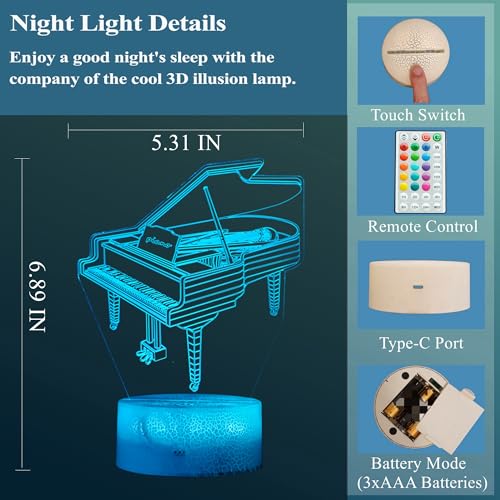 Image of Piano Night Light, Instrument Gifts, Piano 3D Illusion Lamp with 16 Colors Changing, Timer, 4 Flash Modes and Dimmable, Kids Boys Girls Room Decoration, Holiday Xmas Music Gifts