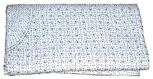 V Vedant Designs Indian Handmade Quilt Vintage Kantha Bedspread Throw Cotton Blanket Ralli Gudari White 90x108 inch