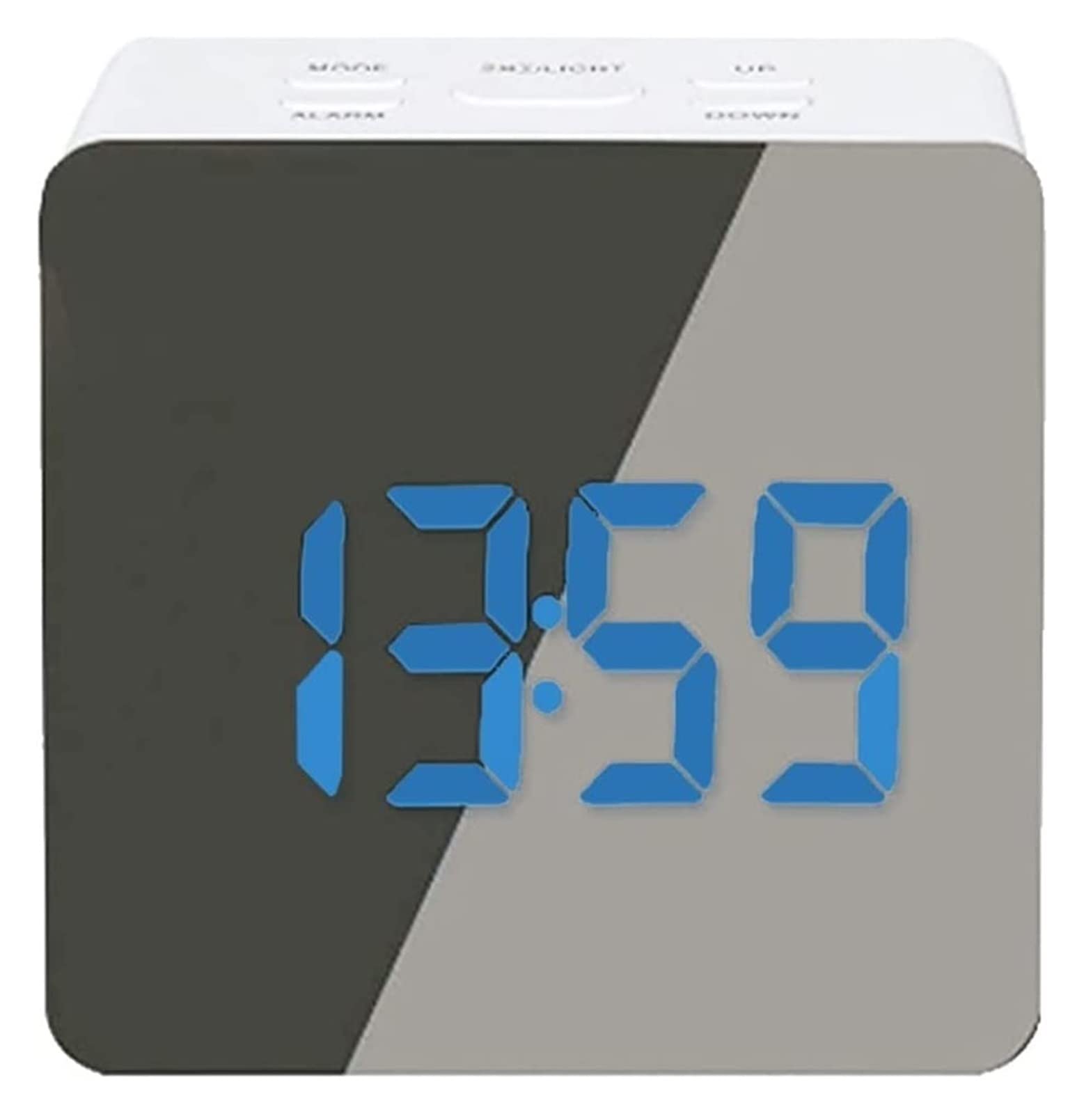Nocne ciche budziki, mały cyfrowy zegar na biurko, budzik Mini budzik LED Cyfrowy elektroniczny ekran dla dzieci Lustrzany zegar temperatury z funkcją drzemki Zegar na biurko, niebiesko-zielony biały