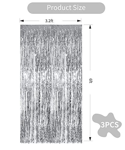 Image of TONIFUL 3Pcs Silver Metallic Tinsel Foil Fringe Curtains,3.28ft x 6.56ft Silver Photo Booth Backdrop Streamer Curtain,Great for Bachelorette,Birthday,Christmas,New Year Party Decorations