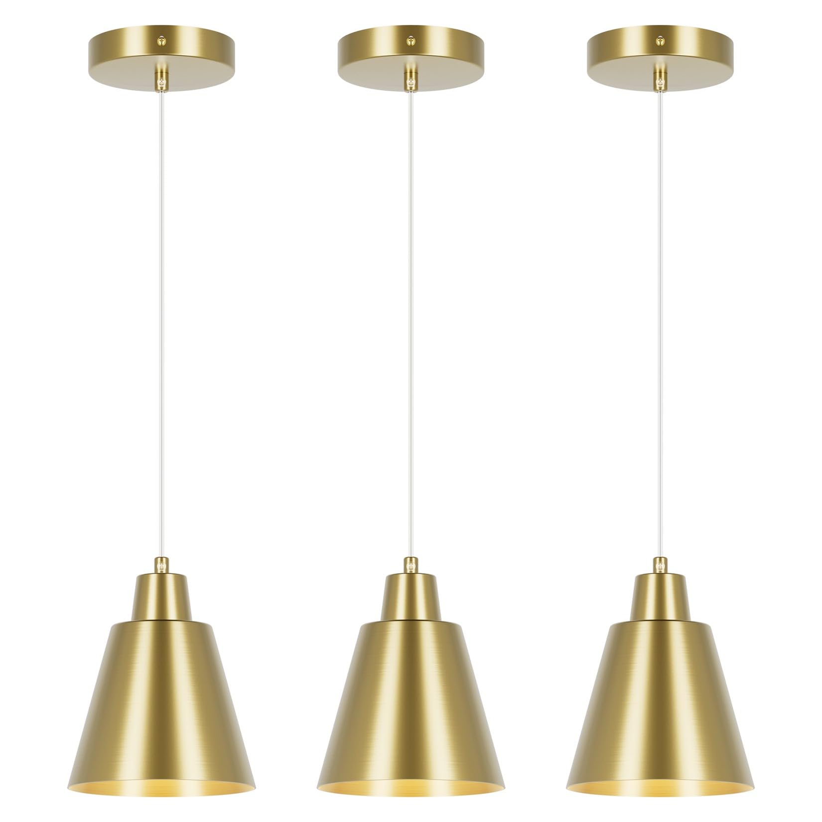 Brass Pendant Lights, Gold Pendant Light Fixtures, 3-Pack Pendant Lights for Kitchen Island with Metal Shade, Vintage Island Light Fixture Pendant Lights for Dinning Table Bedroom - Brass, 3 Packs