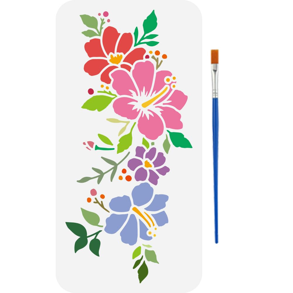 FINGERINSPIRE Flowers Stencils with a Paint Brush 15x30cm Hibiscus Flowers Stencils Reusable Leaves Decoration Stencils Plant Themes Floral Template for Painting on Wood Wall Fabric Furniture DIY