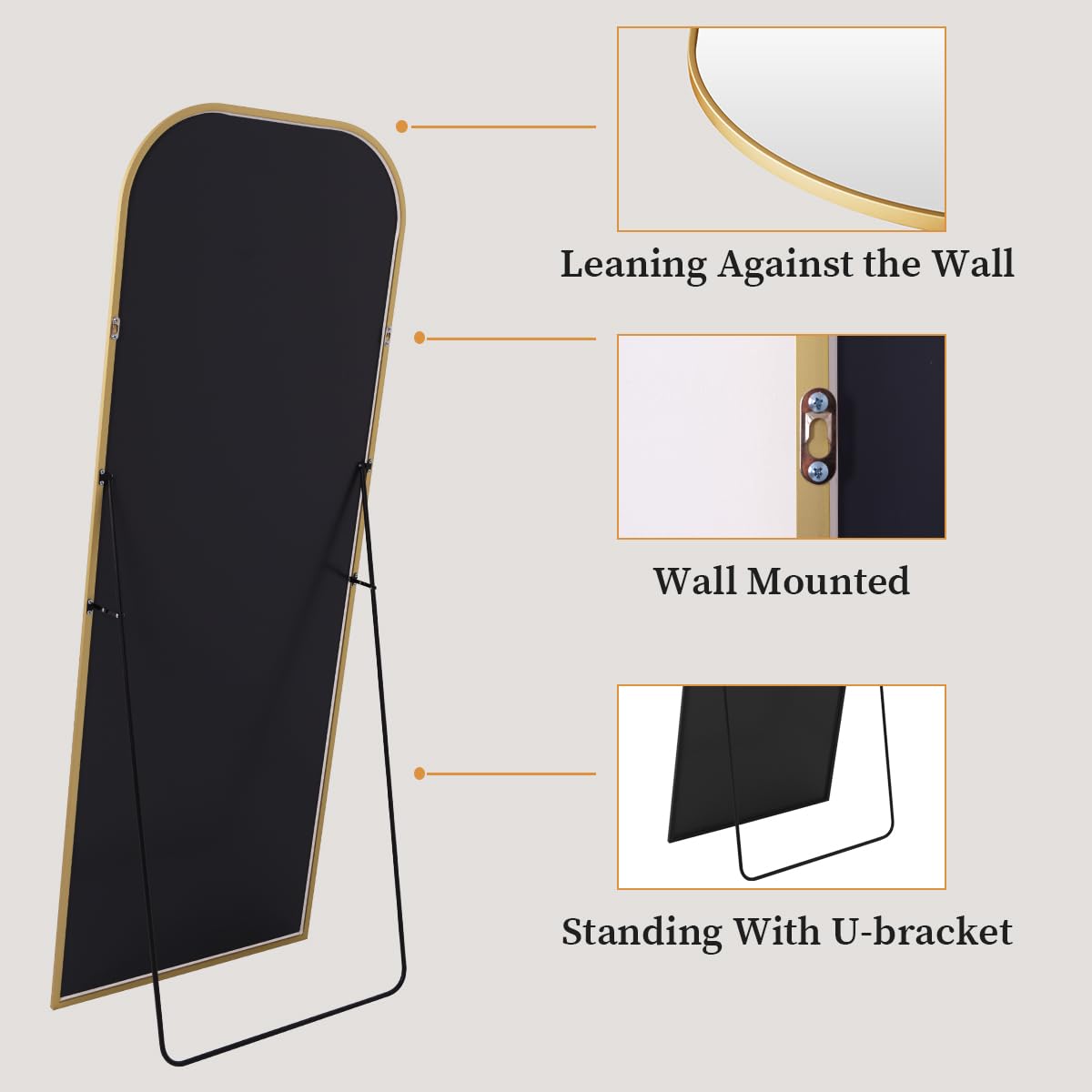 VooBang Złote lustro o długości 66 x 180 cm, zaokrąglone górne narożniki, lustro z podstawką, nowatorskie lustro podłogowe z metalową ramą, do zawieszenia, stania, leżania, złote