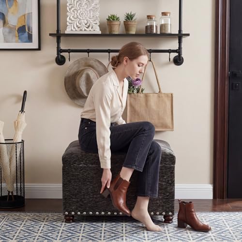 Image of Joveco Storage Ottoman Bench, Rectangle 24 inch Velvet Foot Rest Stool Square Footstool for Living Room, Bedroom, Charcoal Grey