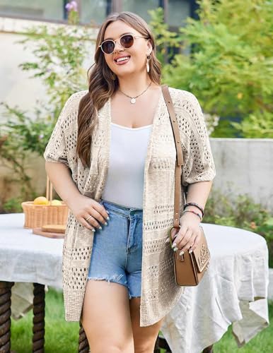 Image of IN'VOLAND Plus Size Lightweight Crochet Cardigan for Women Summer Kimonos | Short Sleeve, Loose Fit, Knit Sweaters, Oversized Coverups, Beach Vacation, Boho, Casual, Hollow Out, Open Front Cardigans
