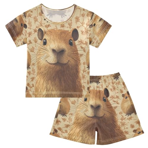 Pajama Sets Short Sleeve Animal Print with Capybara Soft Cotton Summer Sleepwear 2 Piece PJS Size 5-14T