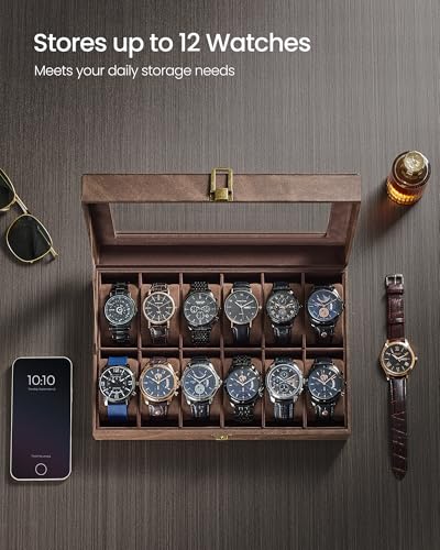 Image of SONGMICS Watch Box, 12-Slot Watch Case Organizer with Large Glass Lid, Removable Pillows, Gift for Loved Ones, Coffee Brown Synthetic Leather, Coffee Brown Lining UJWB120KQ01S