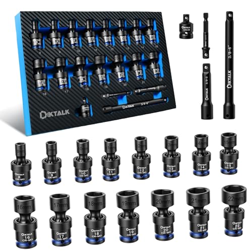 DikTalk Professional 3/8 Drive Universal Impact Swivel Socket Set 19-Piece Metric Wobble Socket Set (8-22mm) with Extensions Bars & Socket Adapters Drill Bit Adapter Cr-Mo Steel