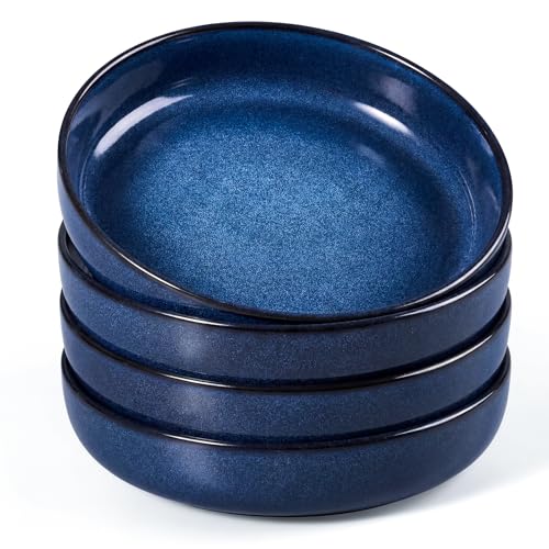 Image of HaWare Pasta Bowls Set of 4, 35oz Stoneware Salad Plate Bowls for Kitchen, Reactive Glaze Ceramic Plate Bowls for Serving Soup, Chip and Scratch Resistant, Dishwasher & Microwave Safe, Nebulas Blue