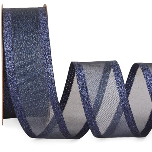 Ribbli Navy Blue Christmas Wired Ribbon Metallic Wired Ribbon with Glitter Edge 1-1/2 Inch x 10 Yard for Christmas Tree Decoration Gift Wrapping Wreaths Supplies Swag Holiday Decor