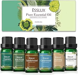 Essential Oils Set, ESSLUX Woody Collection with Cypress,Cedarwood,Patchouli,Sandalwood,Frankincense,Nutmeg,Premium Quality Set for Diffuser,Home Fragrance Massage,6x10 ml
