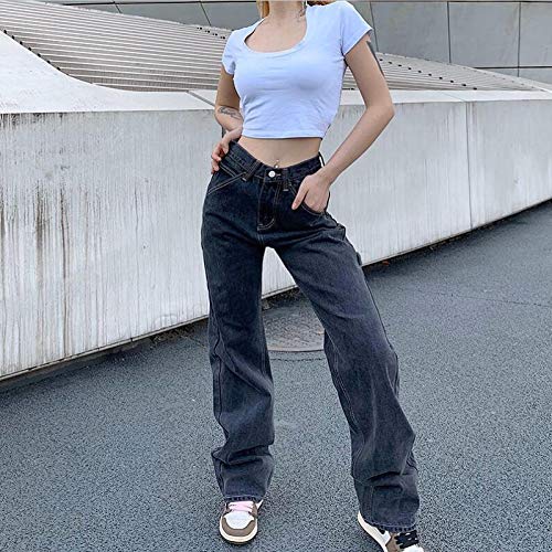Jeans Mujer En Gris Ahumado Retro Casual Cintura Alta Pierna Ancha Recta Pantalones Vaqueros Sueltos XL Gris Ahumado