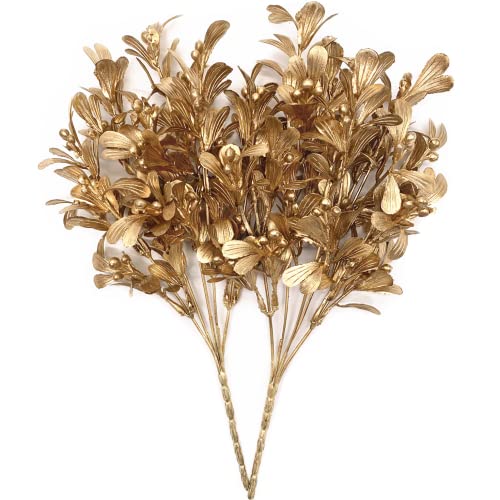 Lovenimen Artificial Golden Leaves Plants For Christmas Decoration, Fake Berry Plant Faux Bean Shrubs Grass Leaf Indoor Outdoor Diy Planter Vase Filler Home Garden Wedding Xmas Decor - Gold 2 Pack #TOP7