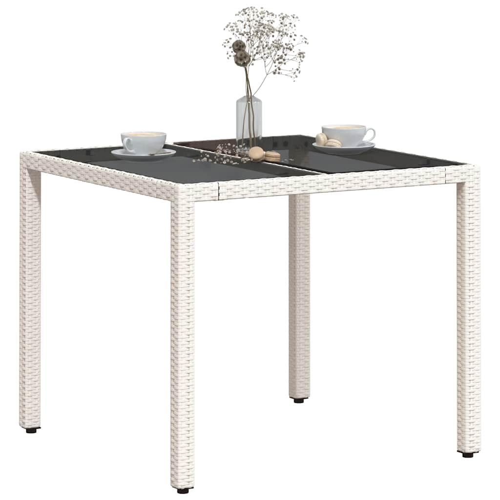 Stół ogrodowy ze szklanym blatem, biały, 90 x 90 x 75 cm, polirattan, odporny na warunki atmosferyczne, stal malowana proszkowo, stół tarasowy, stół balkonowy, meble ogrodowe