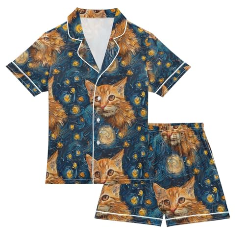 ALAZA Cat Kitten Watercolor Pajamas Satin Pajama Set Short Sleeve Button Down Sleepwear