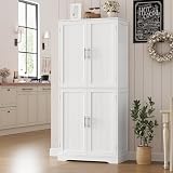 HITHOS 71.3' Tall Kitchen Pantry Storage Cabinet, Modern Kitchen Hutch with Storage Shelves, Food Pantry with Door & Silver Handle, Freestanding Cupboard for Dining Room, Living Room, White