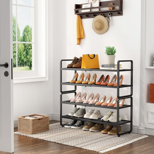 Image of SNTD Shoe Rack - Expandable Shoe Organizer for Closet, Adjustable Metal Shoe Shelf Storage, Stackable Long Shoe Stand Holder for Garage, Entryway, Door Entrance (Black, 4-Tier)