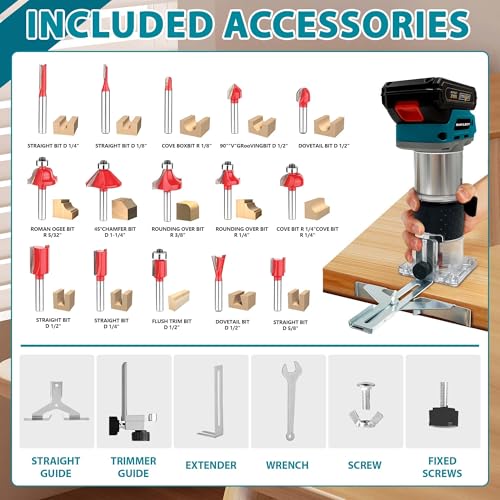 Cordless Router Compatible with Makita 18V Battery, 800W Brushless Wood Trimmer with 5-Speed, Straight Guide, Guide Wheel, 15 1/4-Inch Bits and Spanner, Palm Router for Woodworking (Tool Only) 7 Cordless Router Compatible with Makita 18V Battery, 800W Brushless Wood Trimmer with 5-Speed, Straight Guide, Guide Wheel, 15 1/4-Inch Bits and Spanner, Palm Router for Woodworking (Tool Only) - Image 7