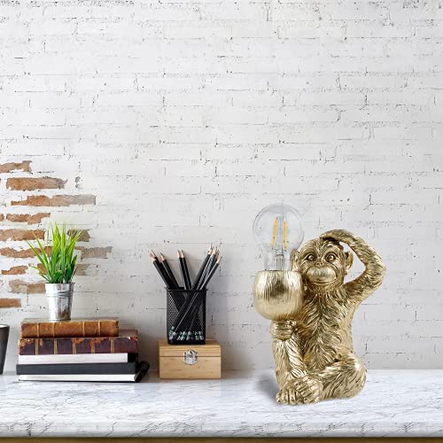 Jazzco Retro Monkey Table Lamp Led Modern Desk Vintage Animal Light, Resin Sitting Monkey Lighting Fixture For Bedroom, Living Room, Office, College Dorm, Bellhop, Gold #TOP3