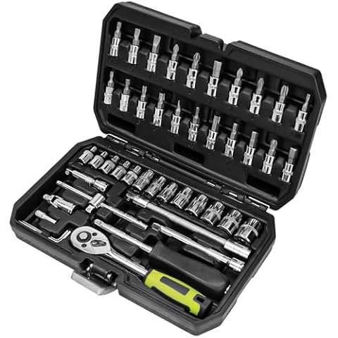 OTLOOMTBT 46 Pieces 1/4 Inch Drive Industrial Grade Socket Ratchet Wrench Set, with Bit Socket Set Metric and Extension Bar for Auto Repairing and Household, With Thickened Storage Case Cover