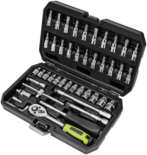 OTLOOMTBT 46 Pieces 1/4 Inch Drive Industrial Grade Socket Ratchet Wrench Set, with Bit Socket Set Metric and Extension Bar for Auto Repairing and Household, With Thickened Storage Case