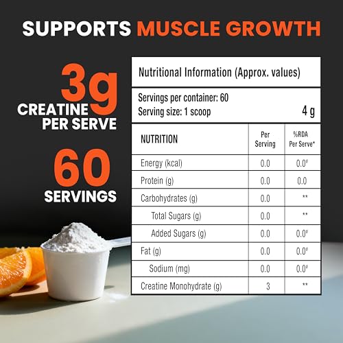 Image of Foodstrong Micronized Creatine Monohydrate Powder (60 Servings) | 3g Creatine Supplement for Muscle Strength, Power, Stamina & Athletic Performance | Pre /Post Workout Gym Supplement for Men & Women | Orange Rush, 240g