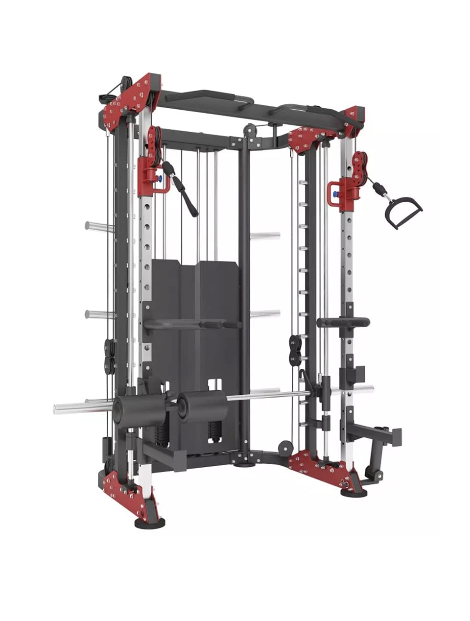 1441 Fitness Heavy-Duty Smith Machine 41FC81 with Functional Trainer, Dual Adjustable Pulley, Smith Bar, Chin-Up Station, J-Hooks, Safety Arms & 70kg×2 Weight Stacks