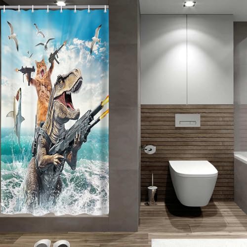 Image of Cat Dinosaur Shower Curtains for Boys, Funny Animal Riding Dino Fighting on Blue Ocean Shower Curtain Sets with Hooks, Hilarious Kids Men Cool Bathroom Set Accessories Decor Beach Theme Curtains
