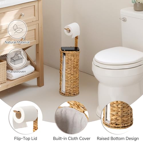 StorageWorks Wicker Water Hyacinth Freestanding Toilet Paper Holder Stand with Storage, Farmhouse Covered Toilet Paper Stand for 4 Rolls with Cloth Lining, Tissue Holder for Bathroom Decor with Shelf by StorageWorks - Used condition - Image 4