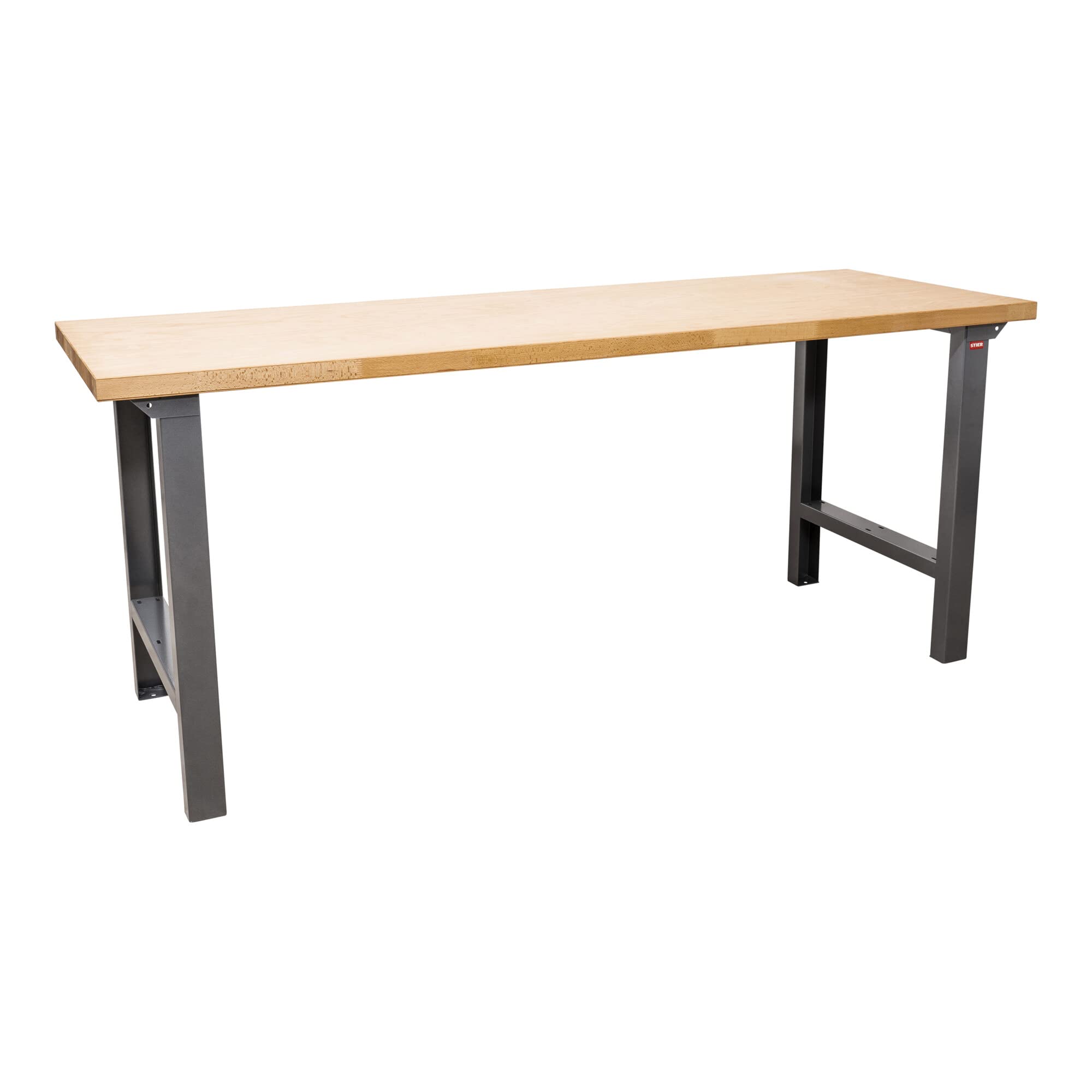 STIER Höhenverstellbare Werkbank Premium, 200x70x79-114cm, pulverbeschichteter Stahl und Buche, perfekt für vielseitige, ergonomische Arbeitsplatzgestaltung in Werkstätten