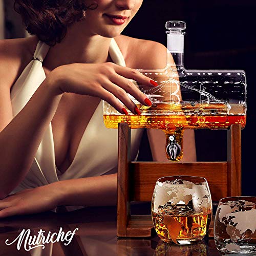 Nutrichef Glass Whiskey Decanter With Glasses -1100Ml Barrel Whiskey Carafe Alcohol Decanter Set, Decanter W/ Spigot, Stopper & Base, For Brandy Wine Cognac Rum Gin Scotch Bourbon - Nutrichef #TOP1