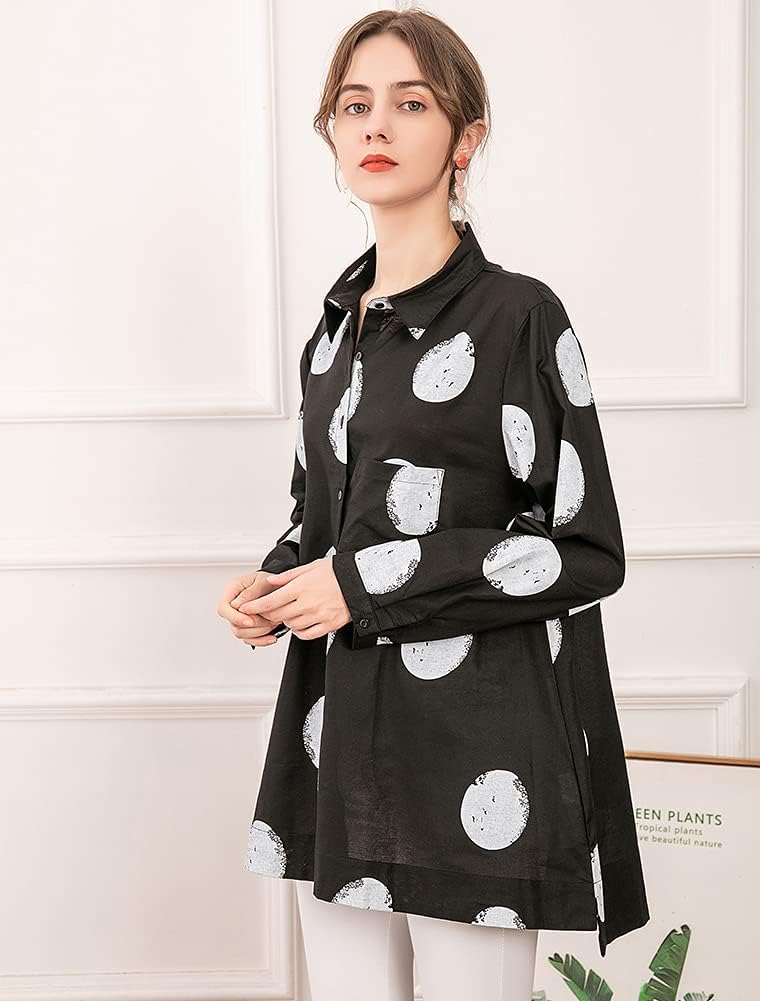 Minibee Women's Button Down Tunic Tops Polka Blouse Cotton Shirt - Image 7