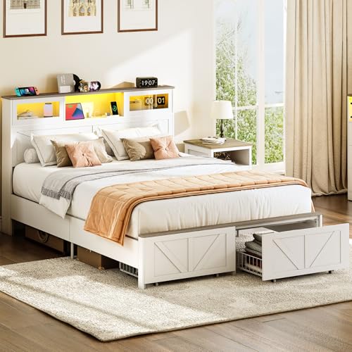 Image of Yoobure Farmhouse Queen Bed Frame with Headboard - Bed Frame Queen Size with Charging Station & LED Lights, Wood Bedframe Queen-Size with 2 Storage Drawer, Platform Beds, No Box Spring Needed, White